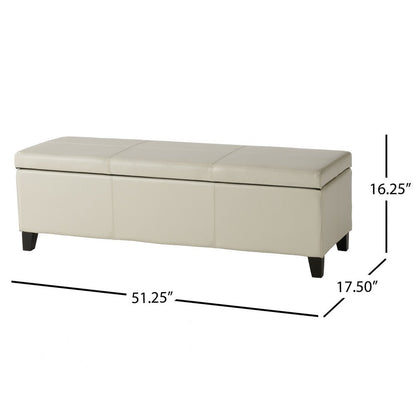 Elias Storage Ottoman Bench, Detailed Ivory Faux Leather, 51 Inch