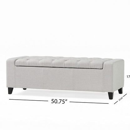 Liani Storage Ottoman Bench, Light Gray Fabric, Tufted Top, 51 Inch