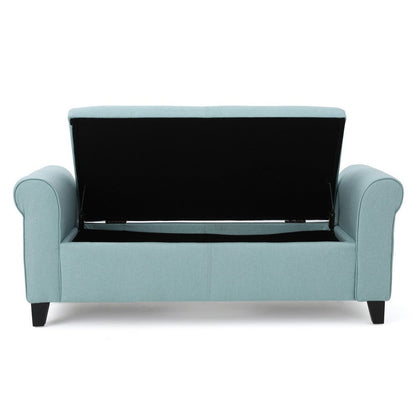Jacob Storage Ottoman Bench, Rolled Arms, Blue Fabric, Black, 50 Inch