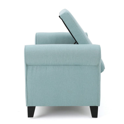 Jacob Storage Ottoman Bench, Rolled Arms, Blue Fabric, Black, 50 Inch