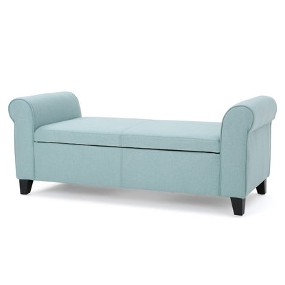 Jacob Storage Ottoman Bench, Rolled Arms, Blue Fabric, Black, 50 Inch