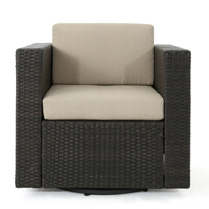 Perie Outdoor Swivel Accent Chair, Beige Fabric and Dark Brown Rattan