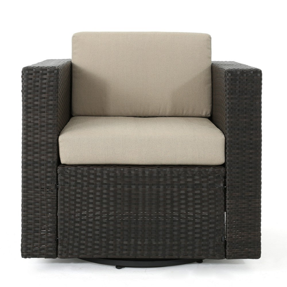Perie Outdoor Swivel Accent Chair, Beige Fabric and Dark Brown Rattan