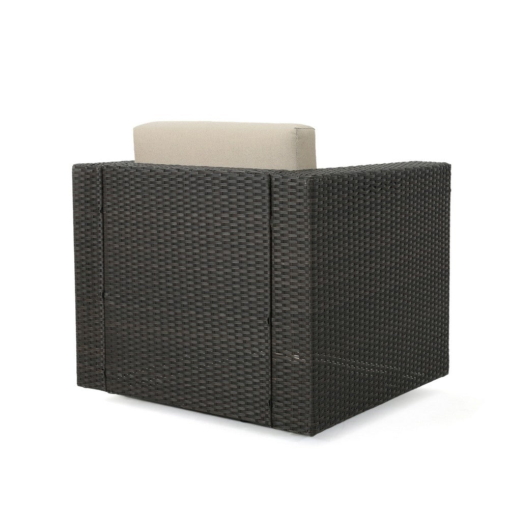 Perie Outdoor Swivel Accent Chair, Beige Fabric and Dark Brown Rattan