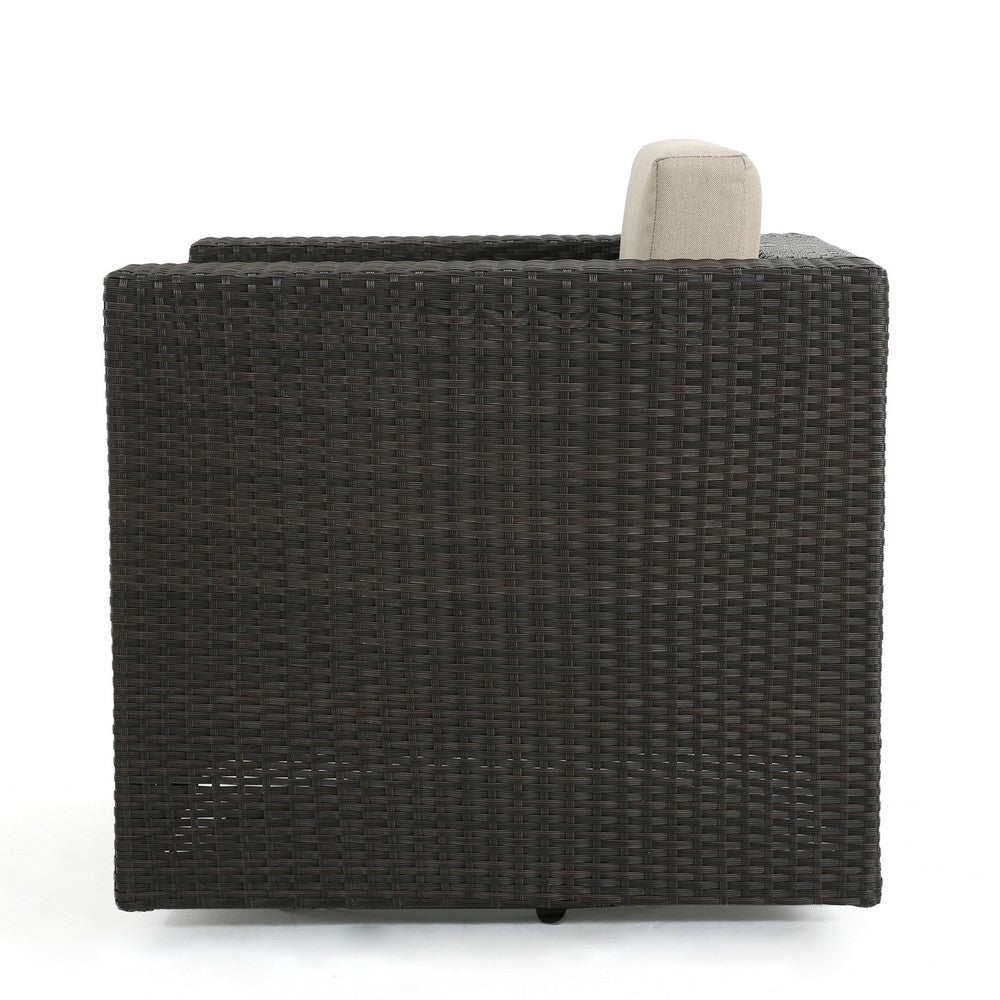 Perie Outdoor Swivel Accent Chair, Beige Fabric and Dark Brown Rattan