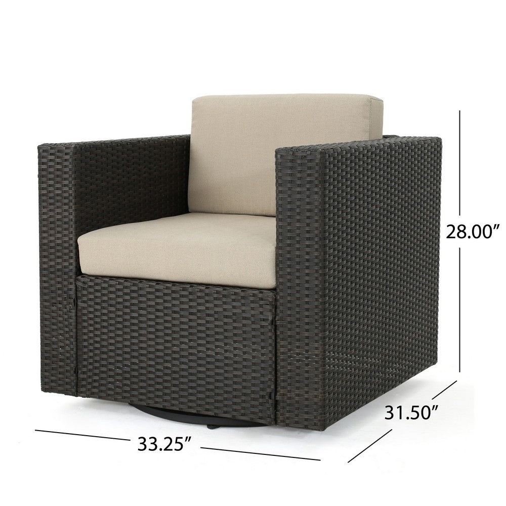 Perie Outdoor Swivel Accent Chair, Beige Fabric and Dark Brown Rattan