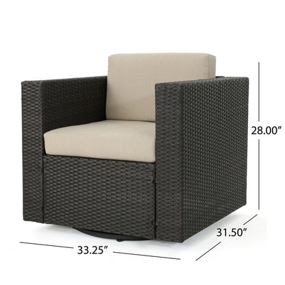 Perie Outdoor Swivel Accent Chair, Beige Fabric and Dark Brown Rattan