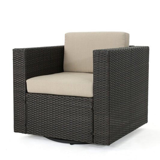 Perie Outdoor Swivel Accent Chair, Beige Fabric and Dark Brown Rattan