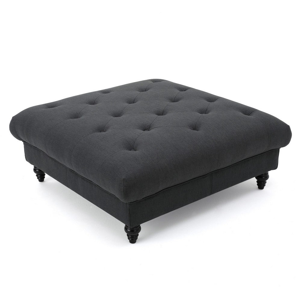 Capri Ottoman, Tufted Dark Gray Fabric, Birch Wood, Square 41 Inch