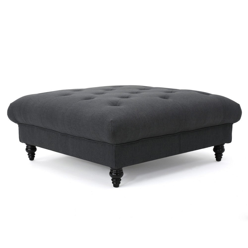 Capri Ottoman, Tufted Dark Gray Fabric, Birch Wood, Square 41 Inch