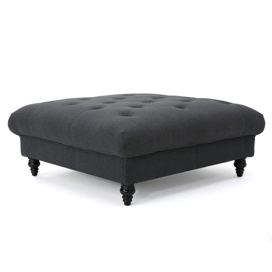 Capri Ottoman, Tufted Dark Gray Fabric, Birch Wood, Square 41 Inch