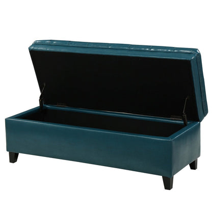 Rhya Storage Ottoman Bench, Teal Blue Faux Leather, Brown Wood 50 Inch