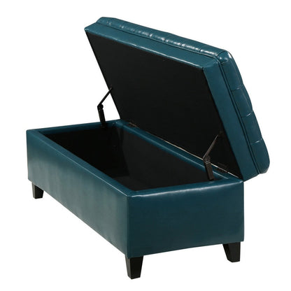 Rhya Storage Ottoman Bench, Teal Blue Faux Leather, Brown Wood 50 Inch