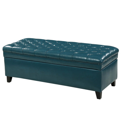Rhya Storage Ottoman Bench, Teal Blue Faux Leather, Brown Wood 50 Inch