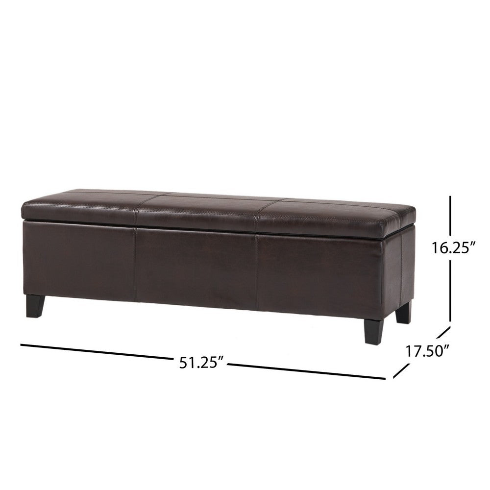 Elias Storage Ottoman Bench, Detailed Brown Faux Leather, 51 Inch