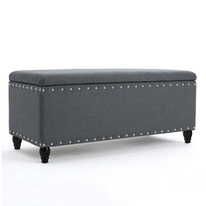 Sharon Storage Ottoman Bench, Dark Gray Fabric, Nailhead Trim, 42 Inch