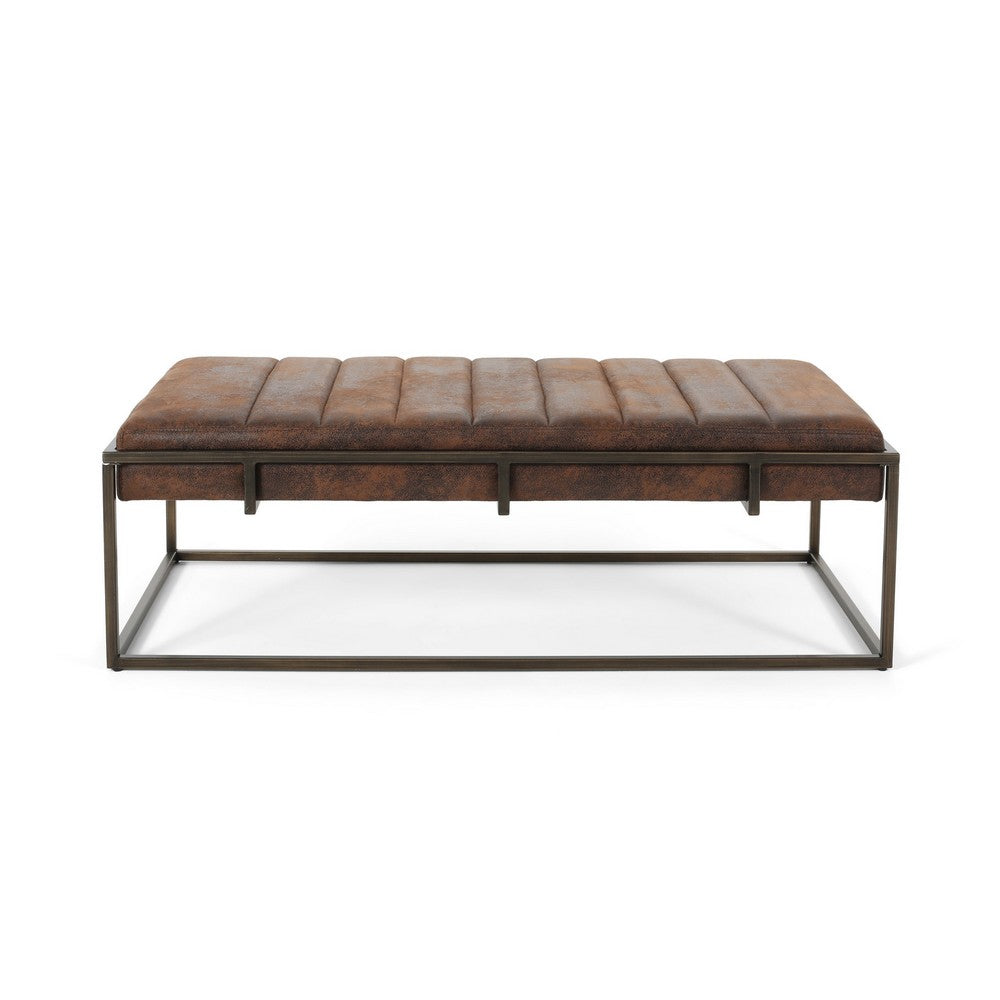 Shami Ottoman Bench, Brown Velvet Stitch Tufting, Gold Iron, 49 Inch