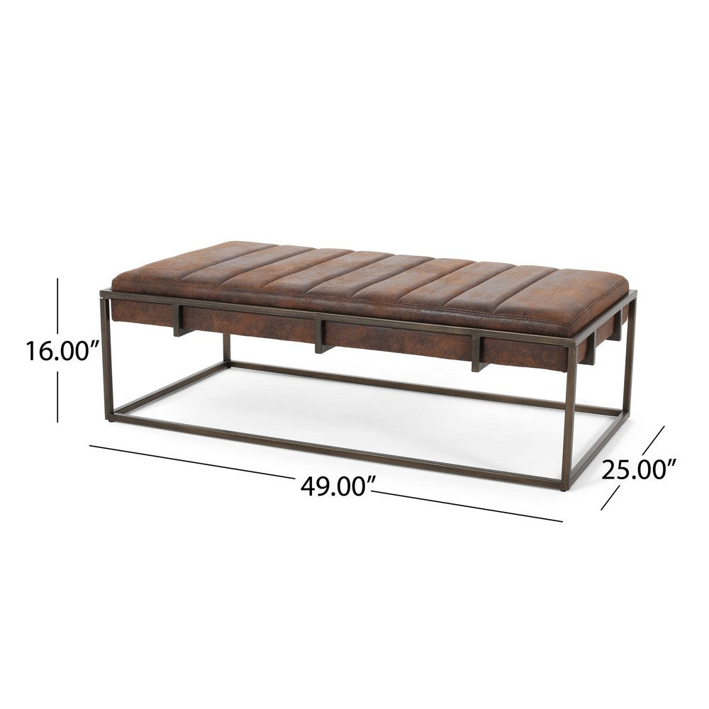 Shami Ottoman Bench, Brown Velvet Stitch Tufting, Gold Iron, 49 Inch