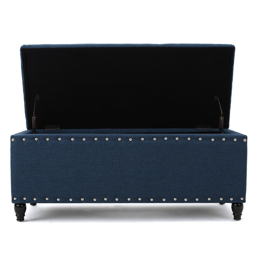 Sharon Storage Ottoman Bench, Navy Blue Fabric, Nailhead Trim, 42 Inch