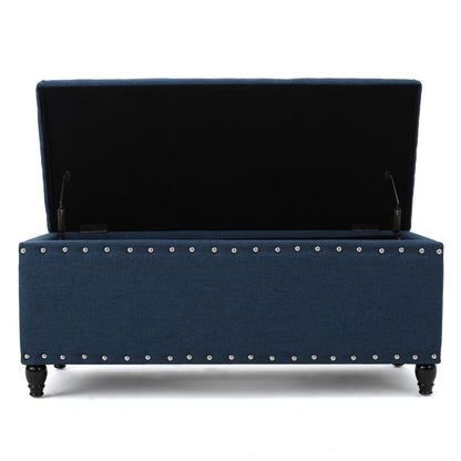 Sharon Storage Ottoman Bench, Navy Blue Fabric, Nailhead Trim, 42 Inch