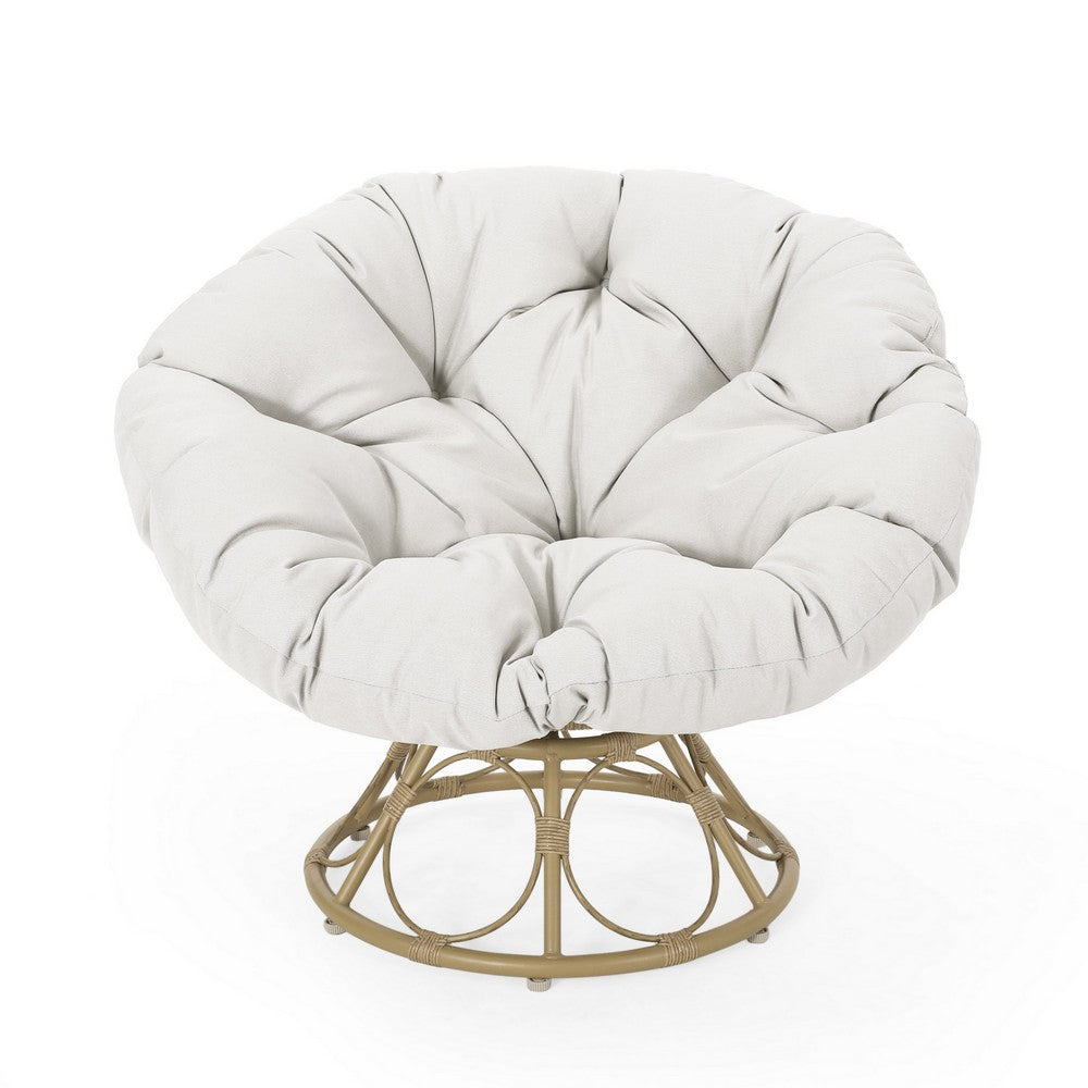 Leos Swivel Outdoor Chair, Soft Gray Polyester Cushion, Brown Rattan