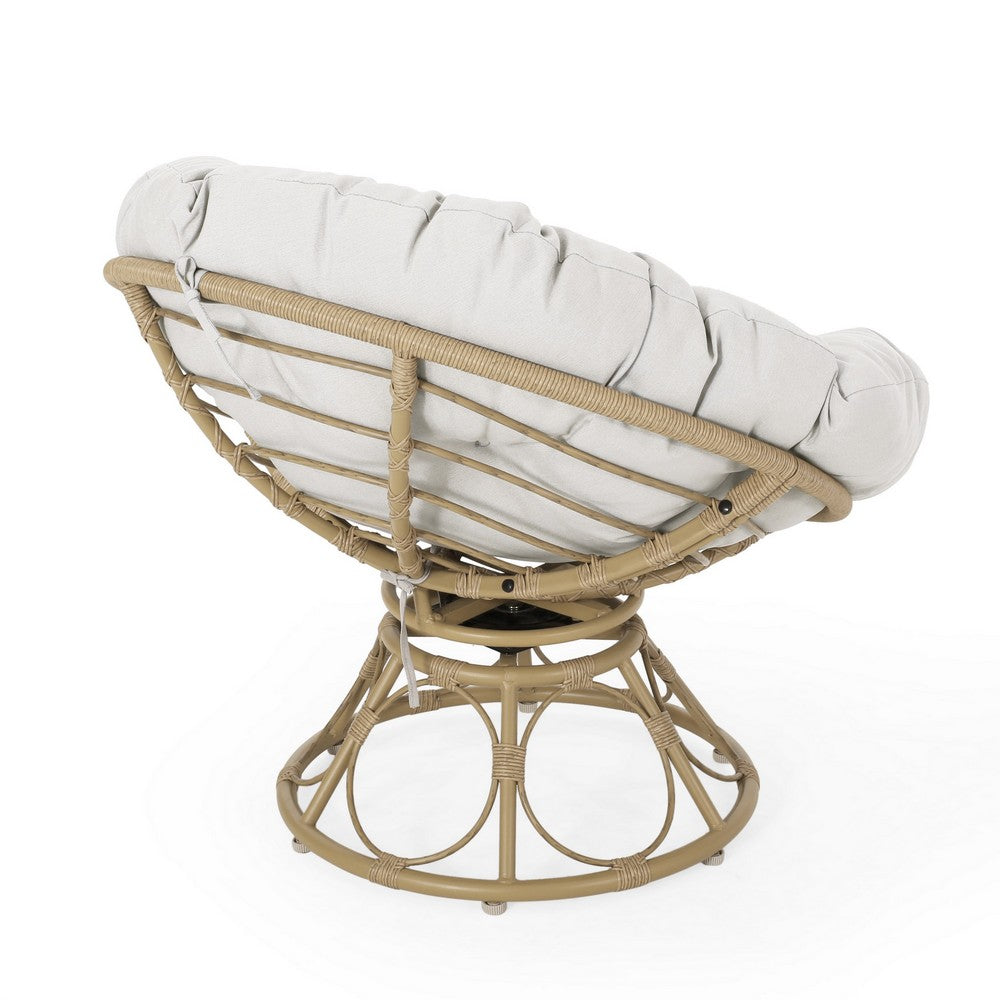 Leos Swivel Outdoor Chair, Soft Gray Polyester Cushion, Brown Rattan