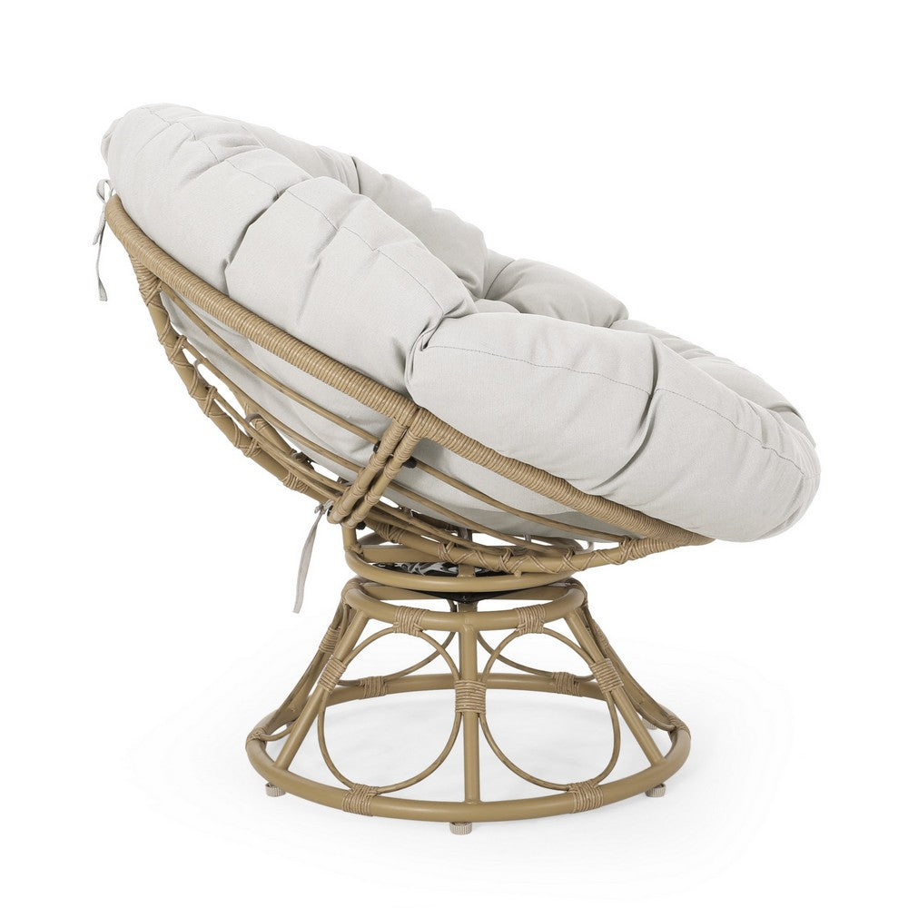 Leos Swivel Outdoor Chair, Soft Gray Polyester Cushion, Brown Rattan