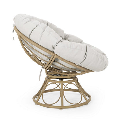 Leos Swivel Outdoor Chair, Soft Gray Polyester Cushion, Brown Rattan