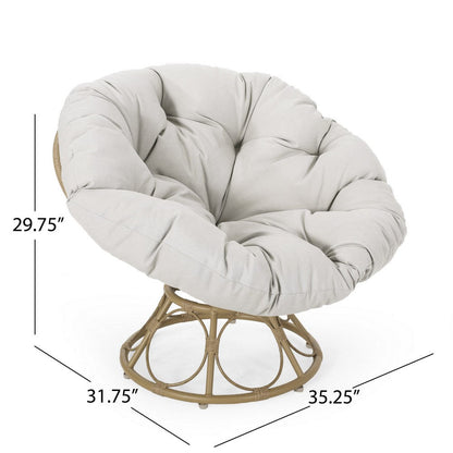 Leos Swivel Outdoor Chair, Soft Gray Polyester Cushion, Brown Rattan