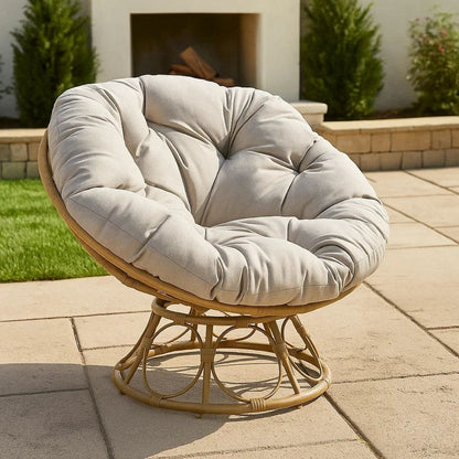 Leos Swivel Outdoor Chair, Soft Gray Polyester Cushion, Brown Rattan