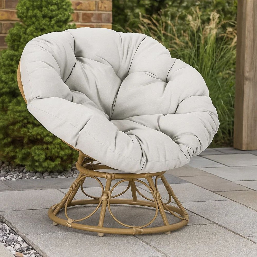 Leos Swivel Outdoor Chair, Soft Gray Polyester Cushion, Brown Rattan