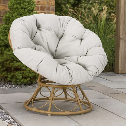 Leos Swivel Outdoor Chair, Soft Gray Polyester Cushion, Brown Rattan