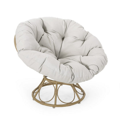 Leos Swivel Outdoor Chair, Soft Gray Polyester Cushion, Brown Rattan