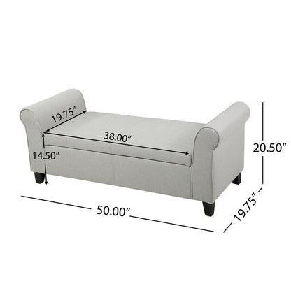 Jacob Bench with Rolled Arms, 50 Inch, Lift Storage, Light Gray
