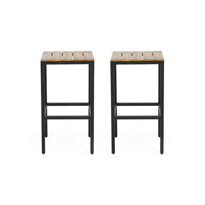 Barstool Set of 2, Straight Legs, Brown Acacia Wood, Black Iron Legs