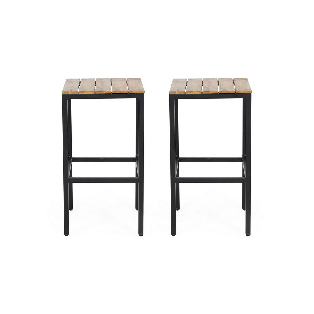 Barstool Set of 2, Straight Legs, Brown Acacia Wood, Black Iron Legs