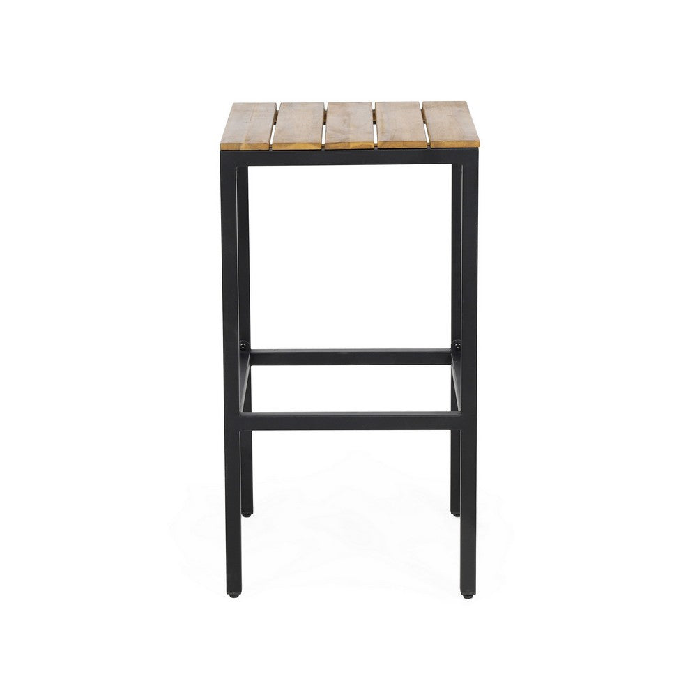Barstool Set of 2, Straight Legs, Brown Acacia Wood, Black Iron Legs