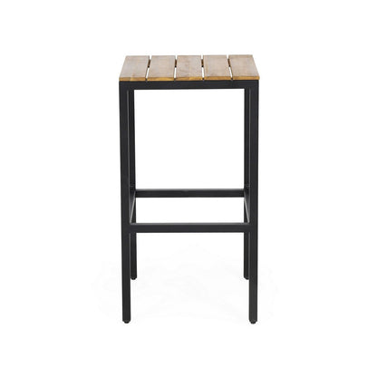 Barstool Set of 2, Straight Legs, Brown Acacia Wood, Black Iron Legs