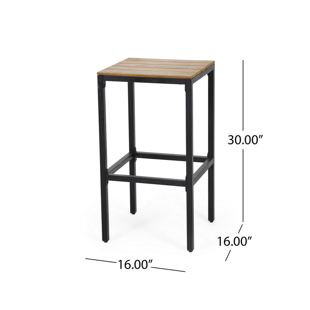 Barstool Set of 2, Straight Legs, Brown Acacia Wood, Black Iron Legs