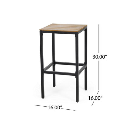 Barstool Set of 2, Straight Legs, Brown Acacia Wood, Black Iron Legs
