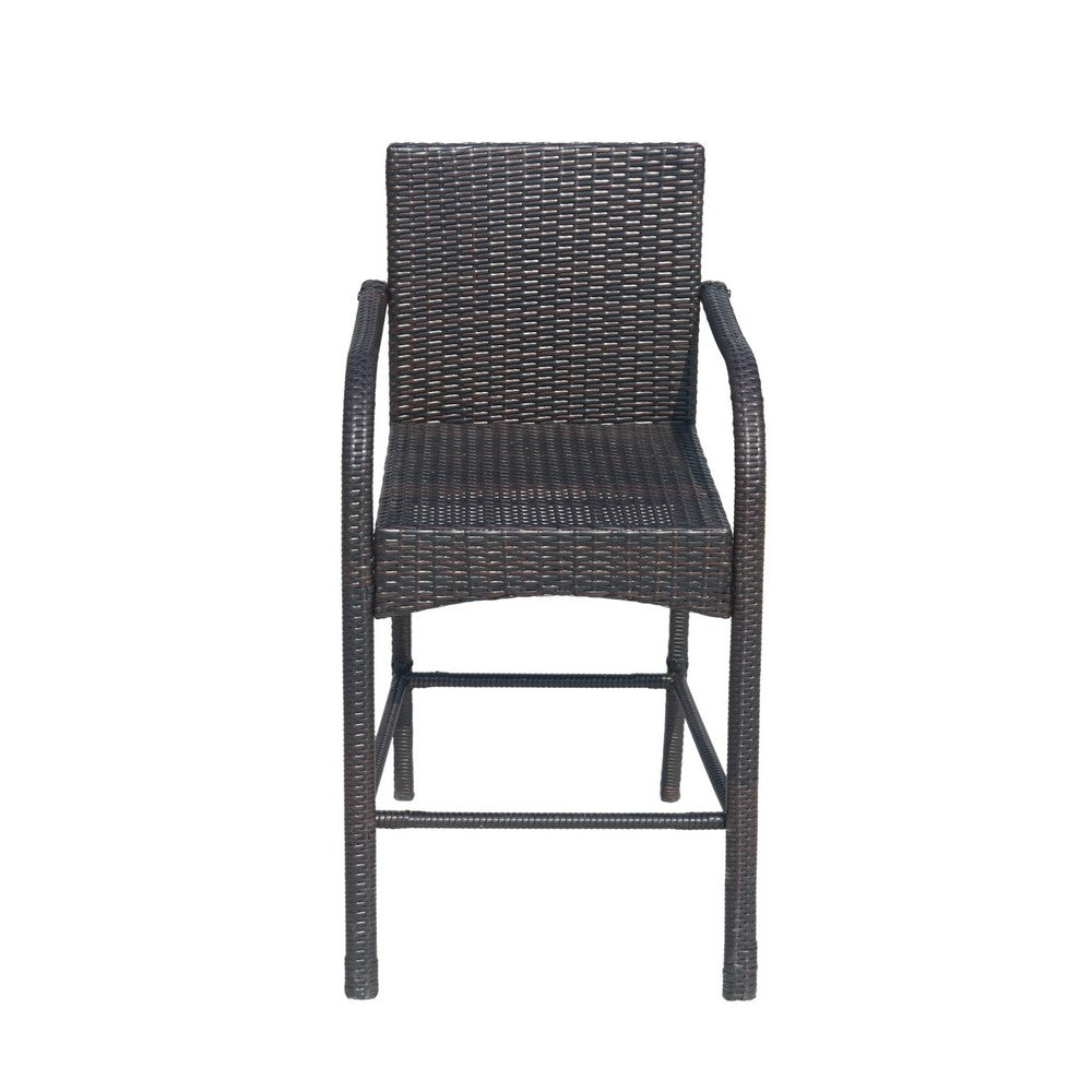 Outdoor Barstool Chair Set of 2, Gray Woven Faux Rattan, Iron Frame