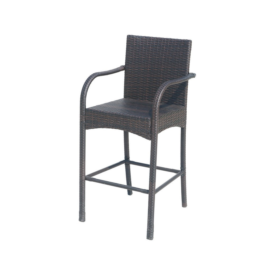 Outdoor Barstool Chair Set of 2, Gray Woven Faux Rattan, Iron Frame