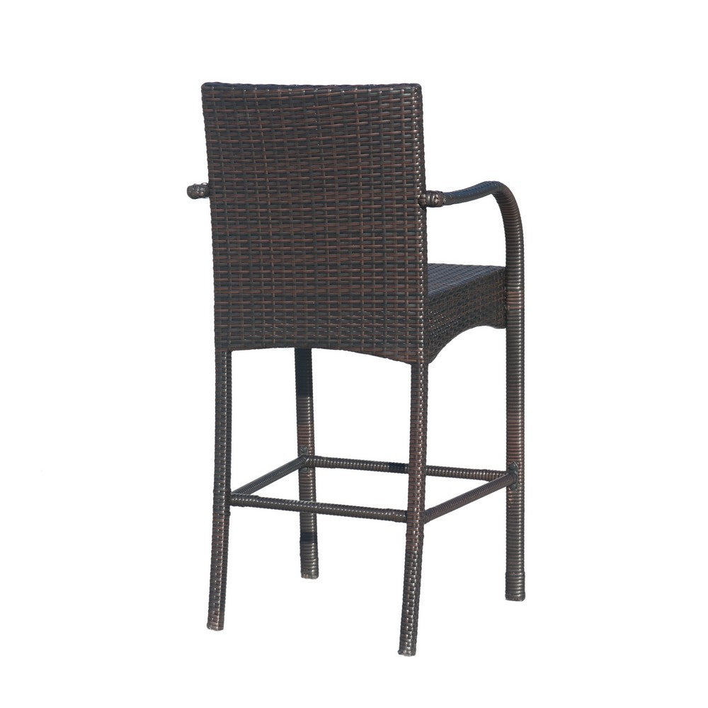 Outdoor Barstool Chair Set of 2, Gray Woven Faux Rattan, Iron Frame