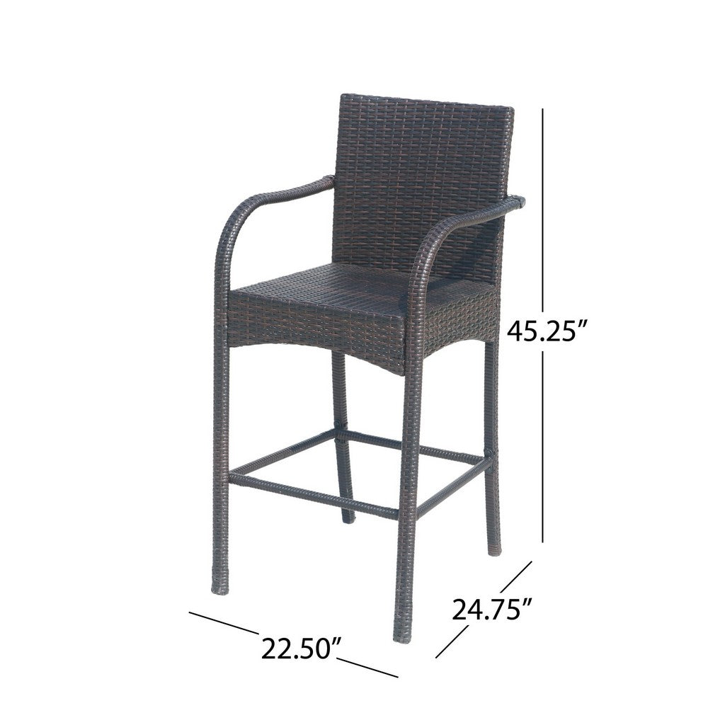 Outdoor Barstool Chair Set of 2, Gray Woven Faux Rattan, Iron Frame