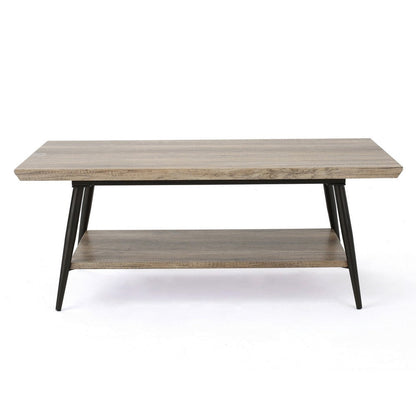 Coffee Table, 43 Inch Top, Black Metal Legs, Taupe Gray Wood Finish