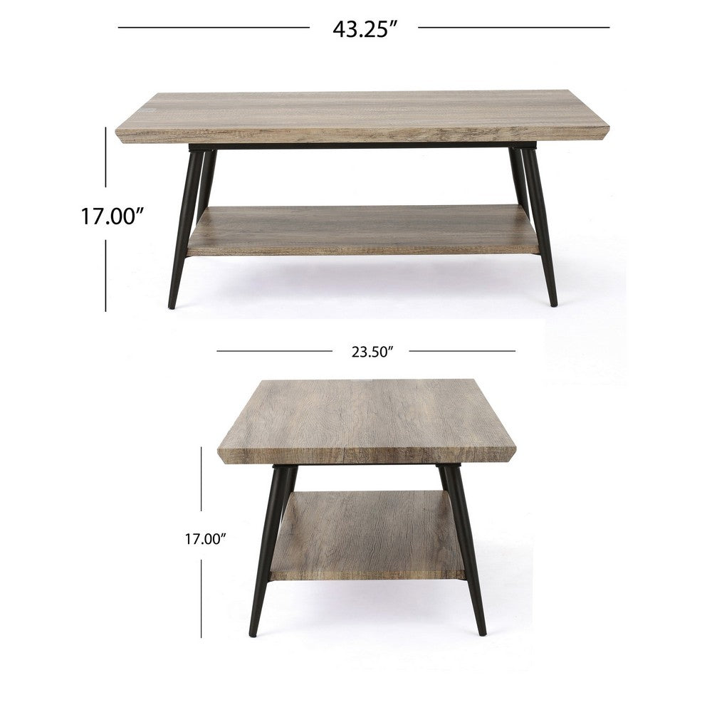 Coffee Table, 43 Inch Top, Black Metal Legs, Taupe Gray Wood Finish