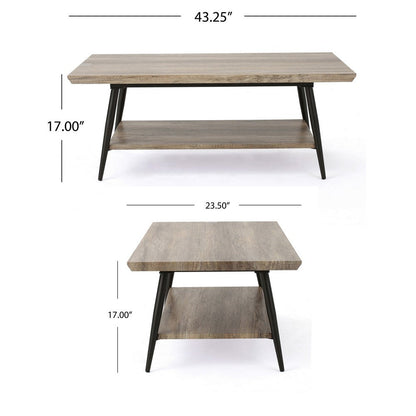 Coffee Table, 43 Inch Top, Black Metal Legs, Taupe Gray Wood Finish