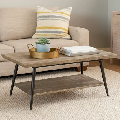 Coffee Table, 43 Inch Top, Black Metal Legs, Taupe Gray Wood Finish