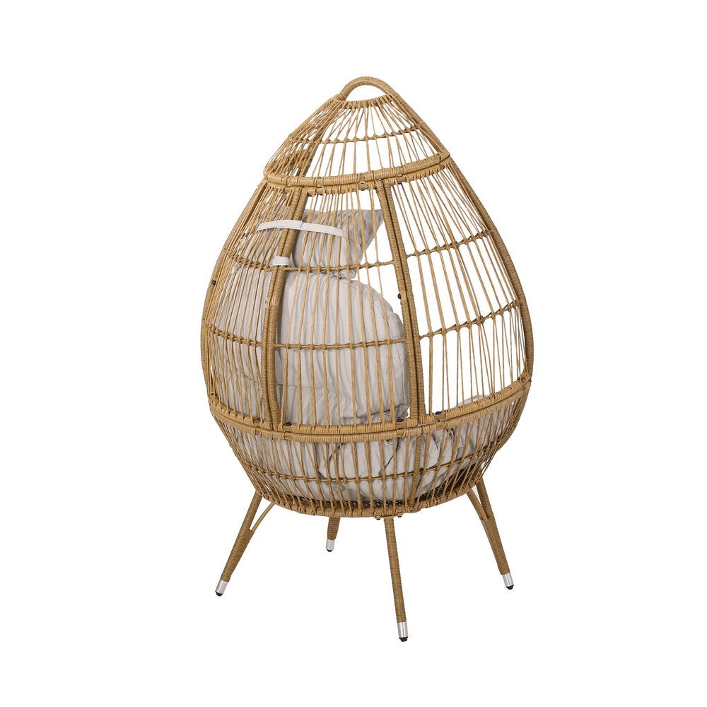 Outdoor Accent Chair, Teardrop Cocoon w Beige Pillow, Brown PE Rattan