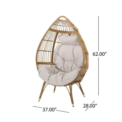 Outdoor Accent Chair, Teardrop Cocoon w Beige Pillow, Brown PE Rattan